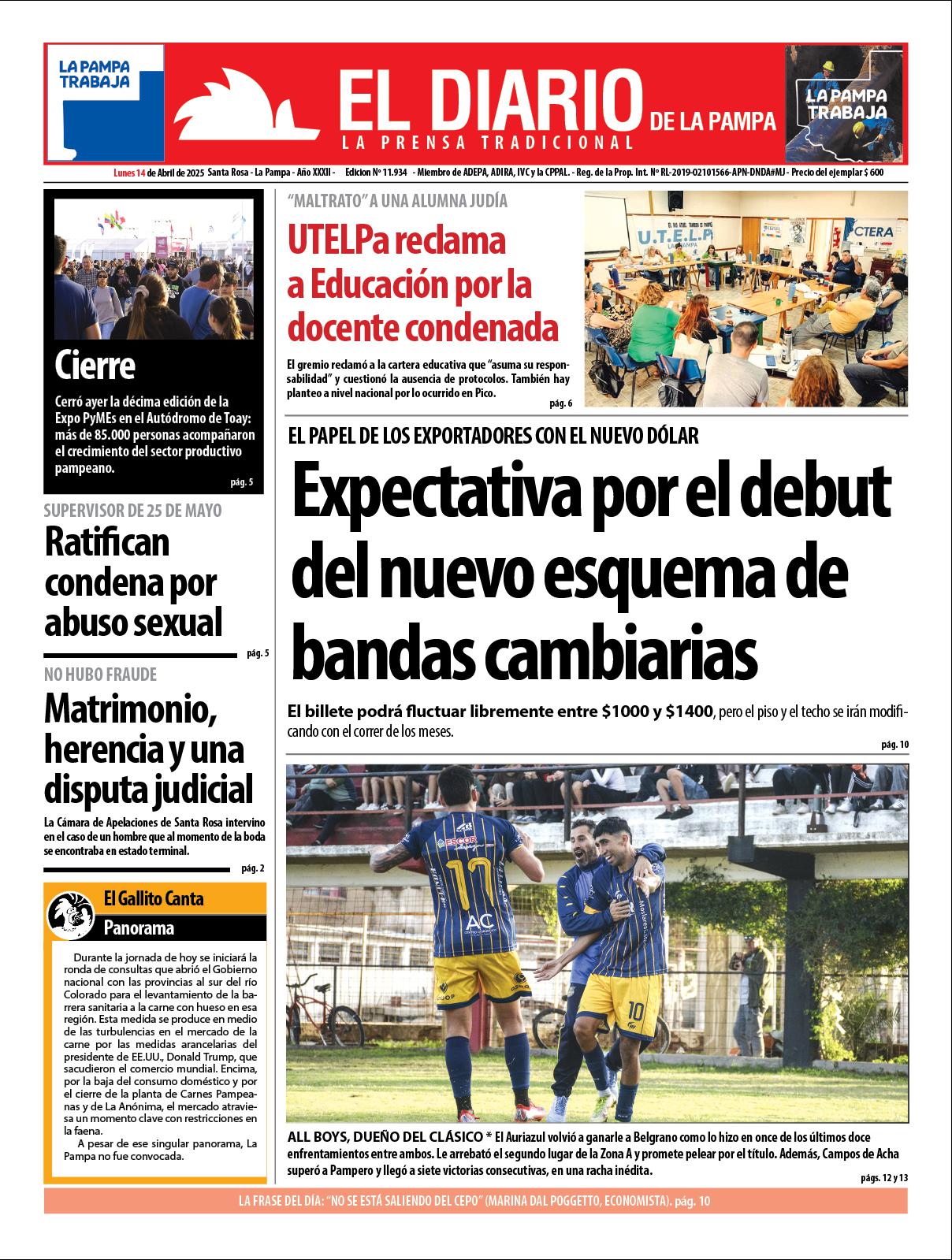 Tapa de El Diario en papel  lunes 14 de abril de 2025